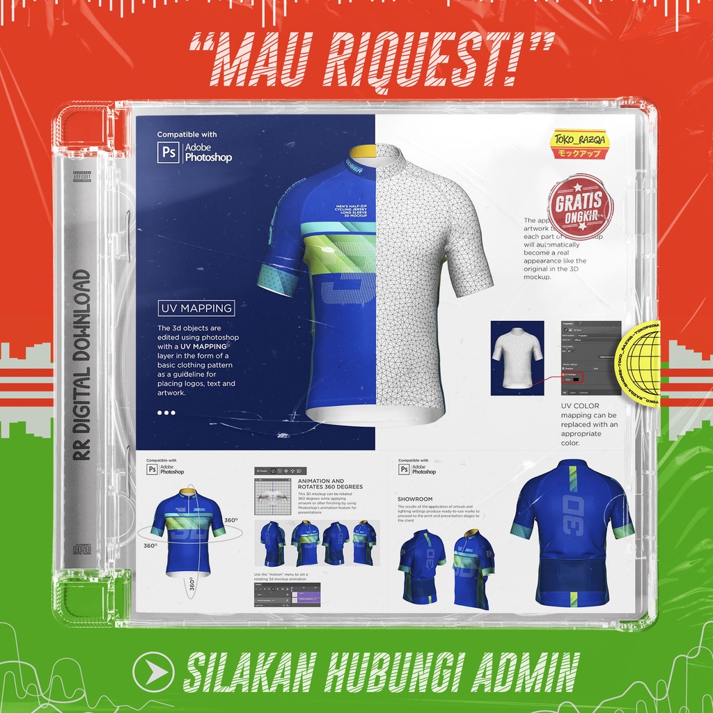 Jersey Sepeda Pria 3D Setengah Ritsleting SS Mockup