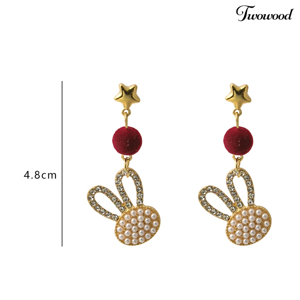 Twowood 1pasang Anting Menjuntai Manis Berlian Imitasi Mutiara Imitasi Bintang Gaya Korea Musim Dingin Musim Gugur Lucu Kelinci Pompom Stud Earrings Untuk Pacaran