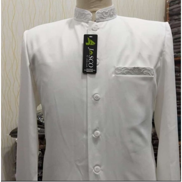 Jasko Putih Tulang Wol Novus Jas Koko Bordir Sederhana Kerah Saku Brand Jasco Tasik Baju Muslim Pria