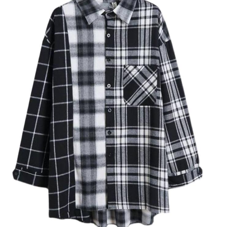 ~~► 【xiaozhainv】Jaket mid-length kemeja pakaian wanita kotak-kotak warna hitam dan putih Korea Atasa