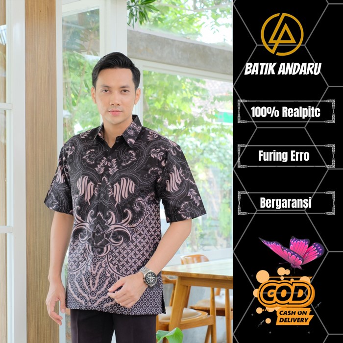 Kemeja Batik Pria Lengan Panjang Modern Elegant Kualitas Premium Bahan Katun Solo Warna Hitam