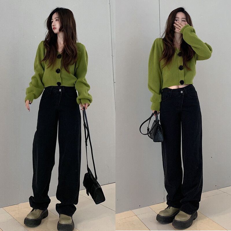 Suhao one-piece suit girl lazy style pullover pendek jaket rajutan + celana jeans kasual wanita lebar pinggang tinggi lurus