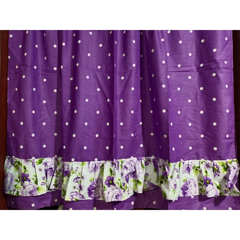 termurah gorden kolong dapur motif polkadot ungu lilac kombinasi bunga anisa ungu