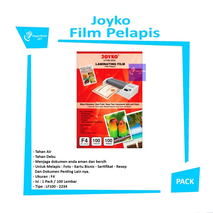 

JOYKO FILM PELAPIS FOLIO / LAMINATING FILM LF100 - 2234 F4 [ 1 PACK ]