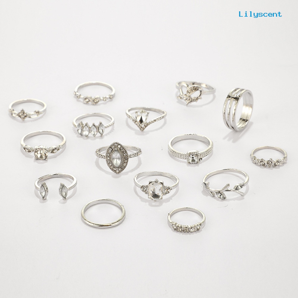 [LS]15Pcs /Set Boho Wanita Berlian Imitasi Daun Hati Geometris Jari Cincin Perhiasan Hadiah