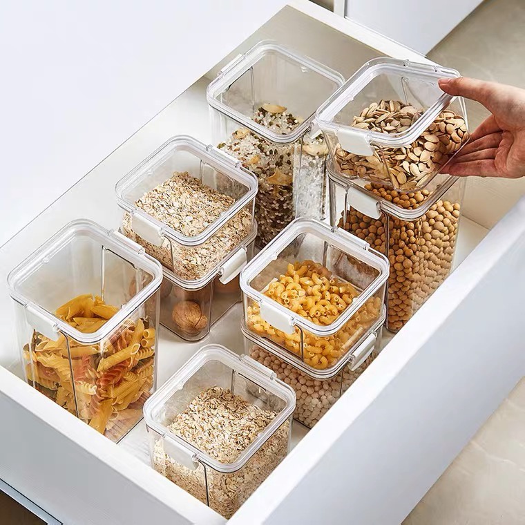 Toples Kotak Bening Plastik Penyimpanan Makanan Kedap Udara Snack Cereal Kue Kering Nastar Food Storage Jar Container - HW096