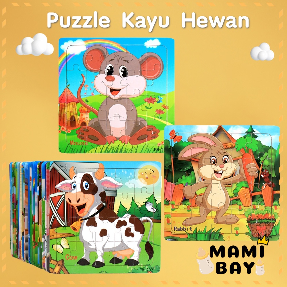 Mamibayi Puzzle kayu hewan/Mainan kayu edukasi anak