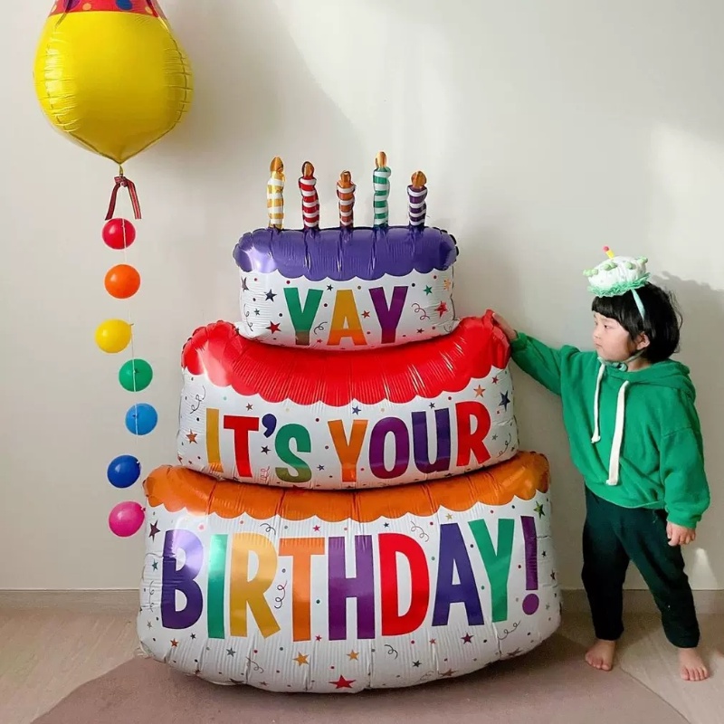 1m Happy Birthday Kue Balon Besar 3-Layer Color Candle Cake Balon Film Aluminium Untuk Pesta Ulang Tahun Properti Foto Dekorasi Adegan