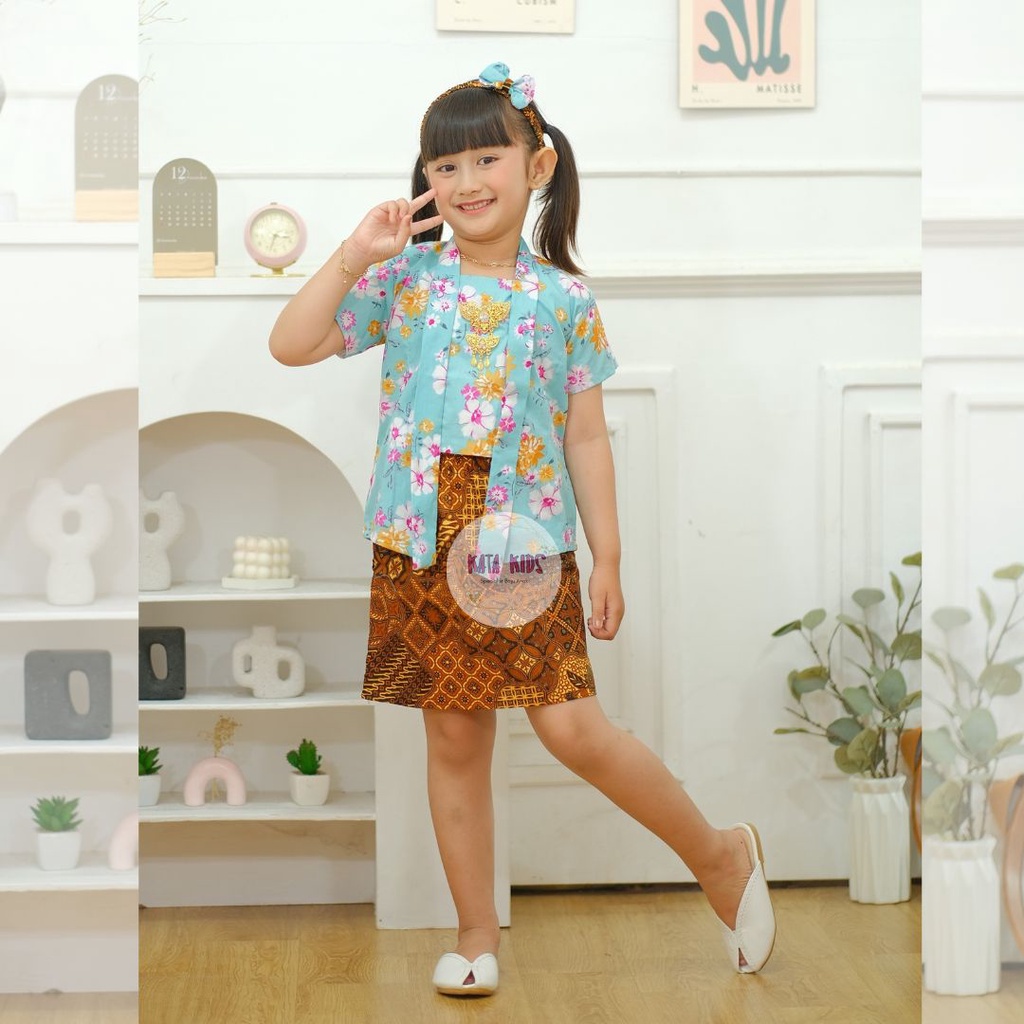 Kebaya Anak Perempuan / Set Kebaya Anak / Kutubaru Anak Bunga Pendek Rok Span Coklat