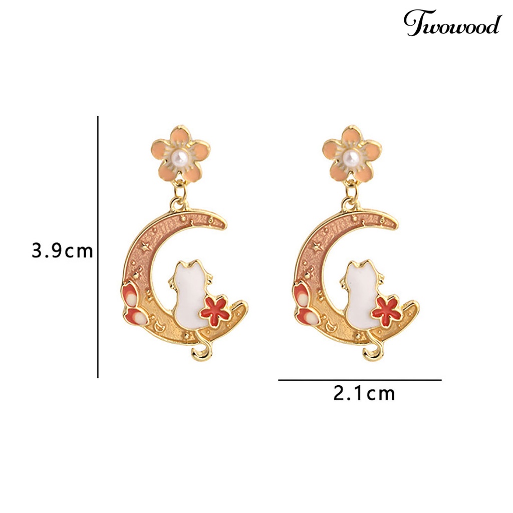 Twowood 1pasang Anting Pejantan Kartun Pola Bunga Sederhana Geometris Electroplating Hias Warna Yang Sesuai Dengan Wanita Bulan Sabit Kelinci Lucu Menjuntai Anting-Anting Aksesori Fashion