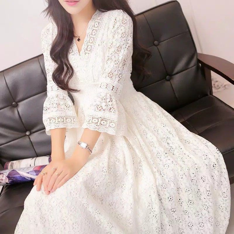 Maxi dress brokat putih Import