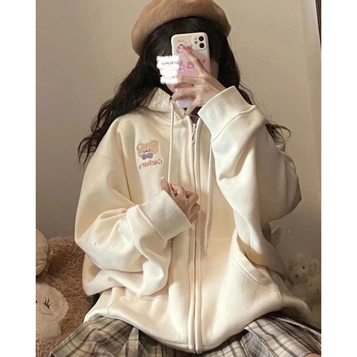BEAR HOODIE ZIPPER Sweater Jacket Oversize Pria Wanita Style Ala Korean Daily Fashion Santai OOTD Terkini