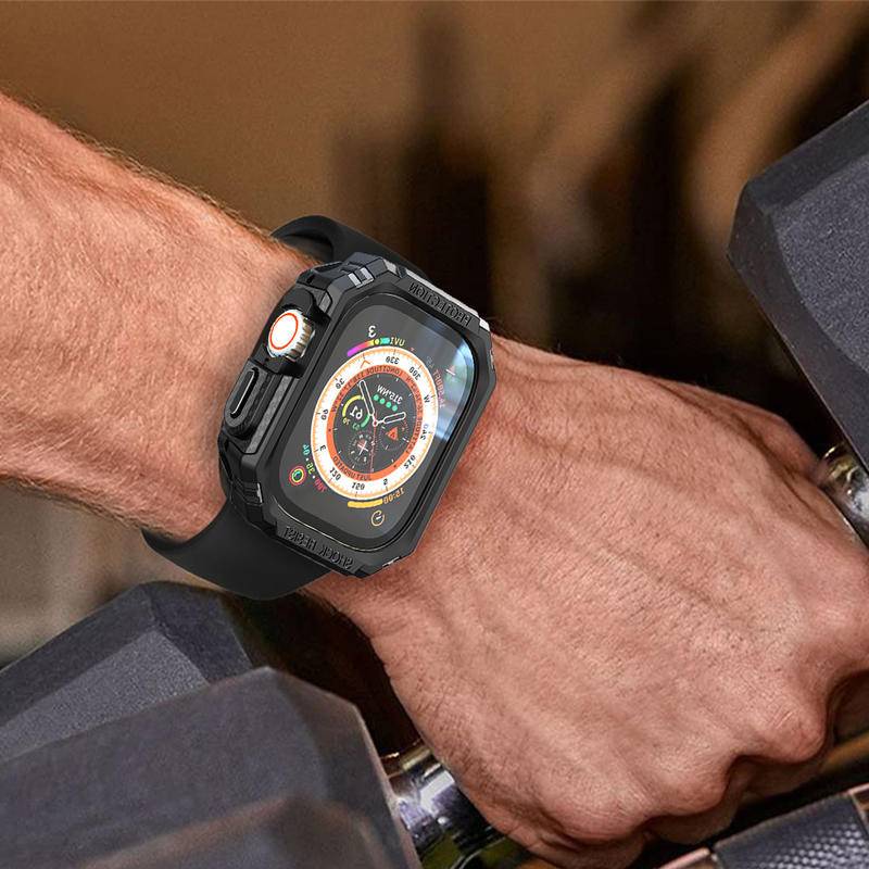 Military Toughed Frame Case Untuk Apple Watch Ultra 49mm Tekstur Serat Karbon Bumper Tombol Logam Untuk iWatch 49mm