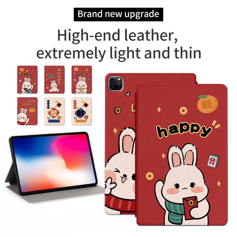 Untuk iPad 10.2 2021 2020 2019 9th 8th 7th Gen iPad Pro 11 2022 2021 2020 2018 11-inch 3rd 2nd 1st Gen Tablet Case NewYear Festival Pola Kelinci Lucu Flip Stand Cover Pelindung