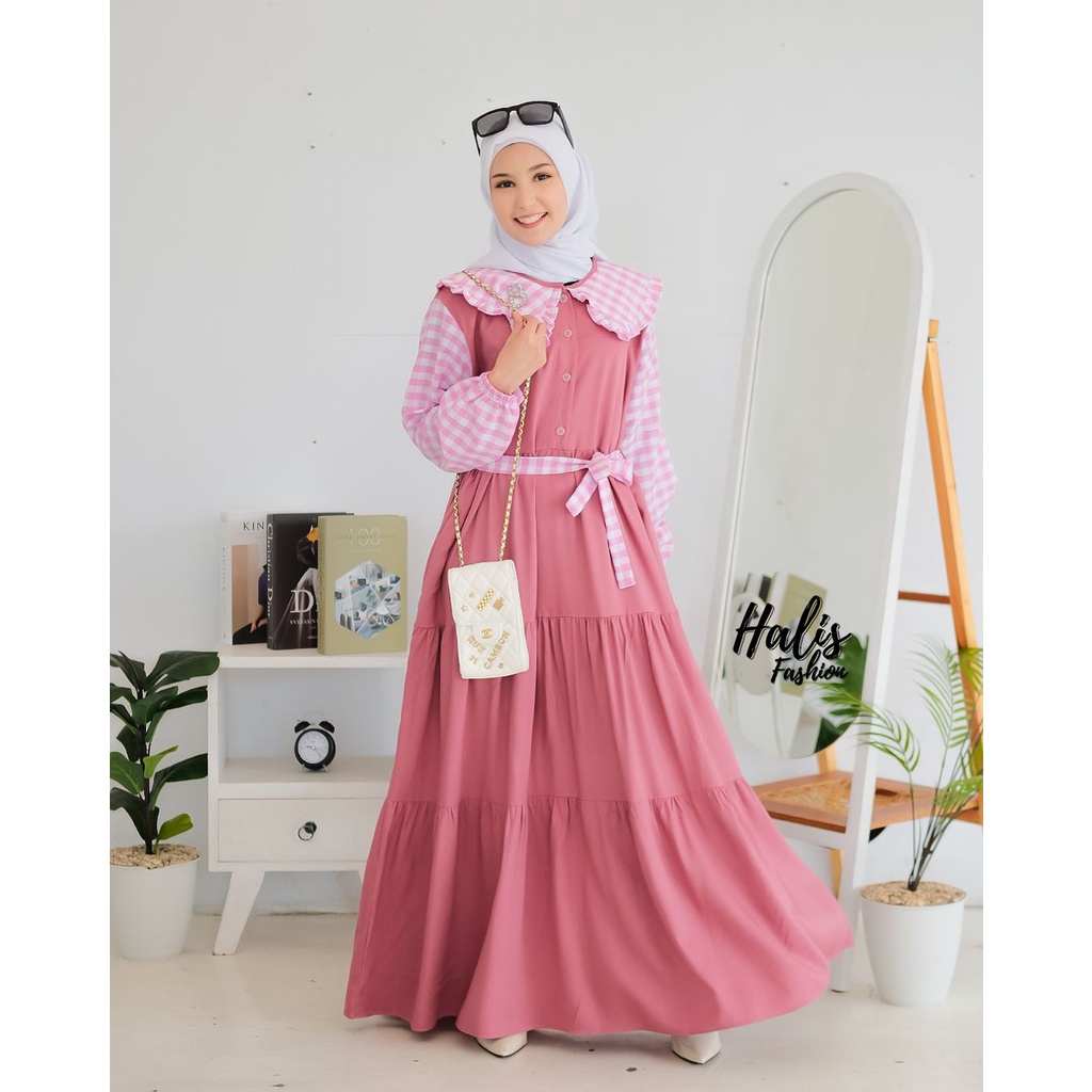 Gamis Rayon Twill Terbaru/ Gamis Cantik ori by Halis Kode Full Kancing/ Dress Kotak Halis