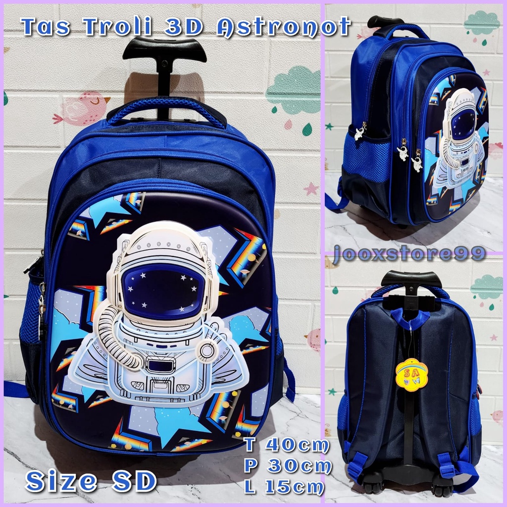 Tas Sekolah Troli Anak SD Motif Mermaid Unicorn Frozen Superhero Timbul 3D Tas Import Trolley Anak Perempuan dan Laki-Laki Tas Dorong Anak Koper Sekolah