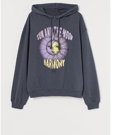 READY ✅( 11.11 ) Hoodie H&M Unisex Sablon Sun and The Moon Dark Grey, Flecee Katun Lembut Tebal, Fre