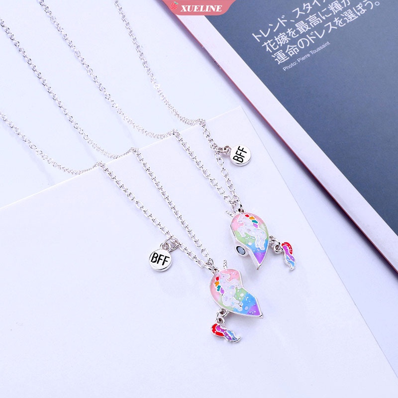 Lucu Romantis Pelangi unicorn lady forever best friend Kalung Manis Warna-Warni Berbentuk Hati Kalung Ganda Hadiah Ulang Tahun Untuk Perempuan [ZXL]