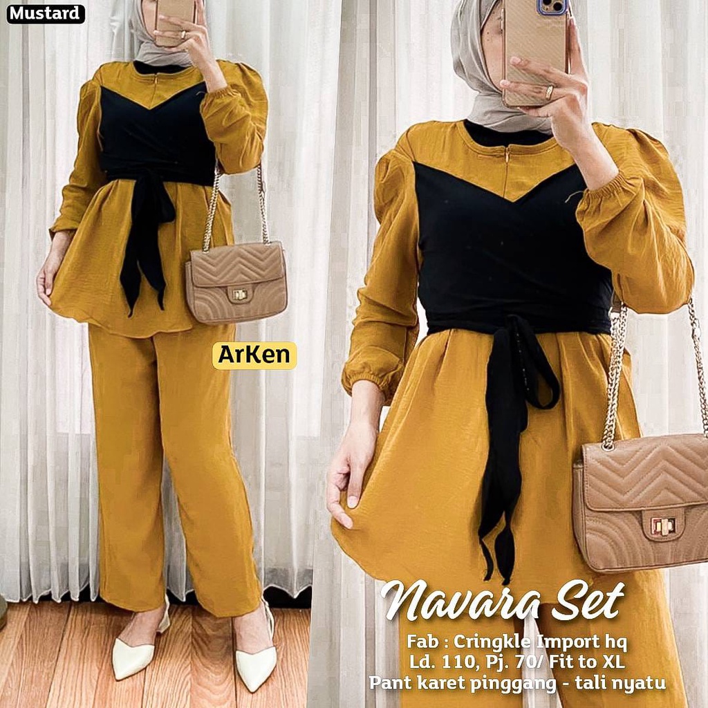 NAVARA SET BY ARKEN/SETELAN WANITA MUSLIM/ONE SET TUNIK PANT/SETCEL CASUAL BAHAN CRINKLE IMPORT HQ L
