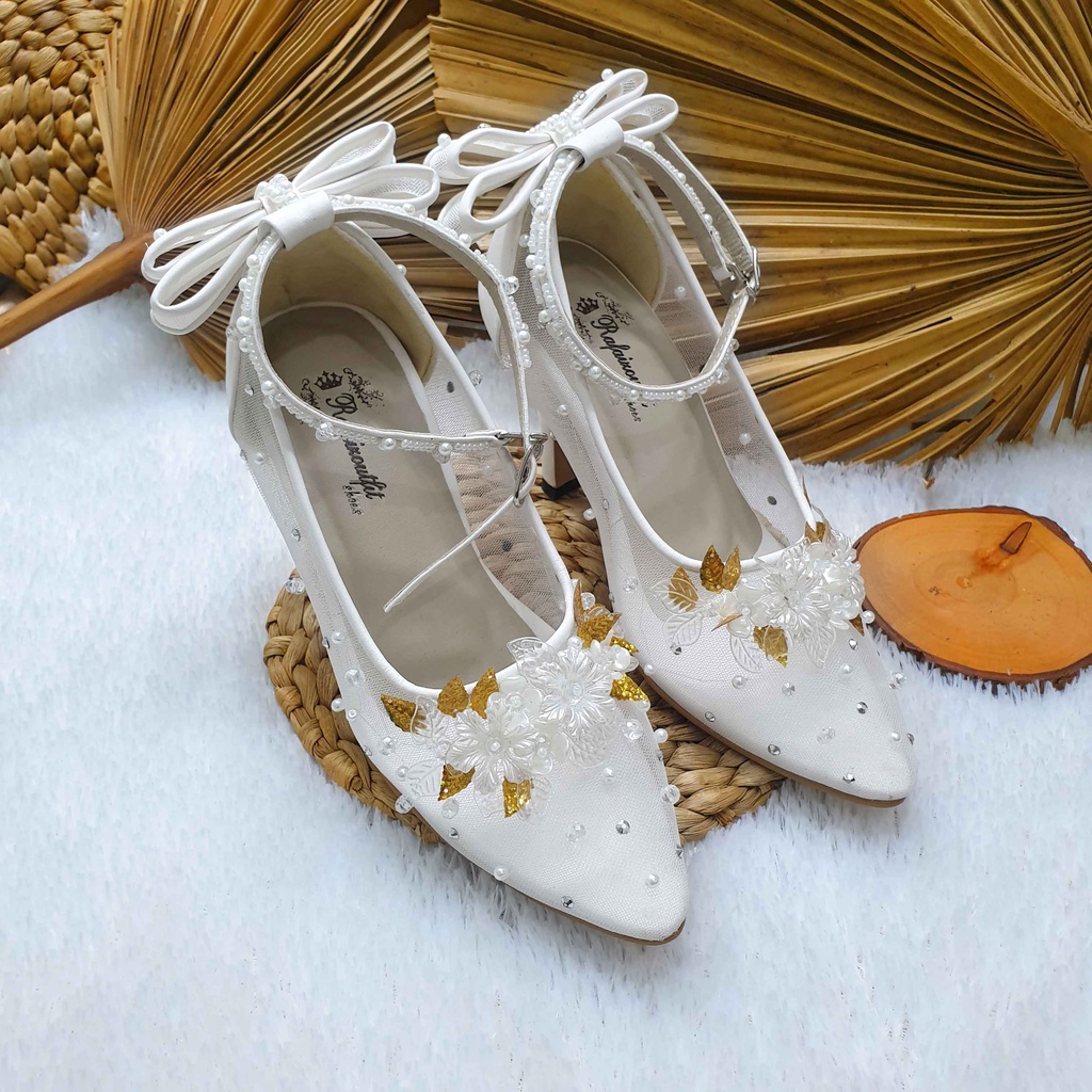 Sepatu wedding cantik Ayyara putih tali pita cantik hak 9 cm