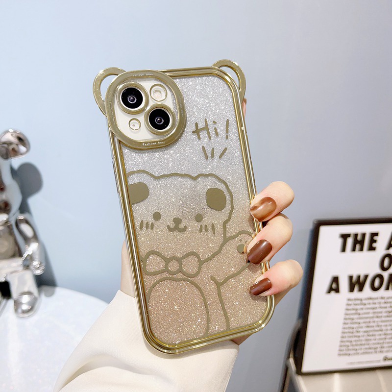 Cute Bear Glittering Big Wave Design Electroplating Soft Silicone Bunny Case hp for iPhone 14 Plus Casing IPhone 11 12 13 14 Pro Max Women's Girls Gifts Bumper Cover