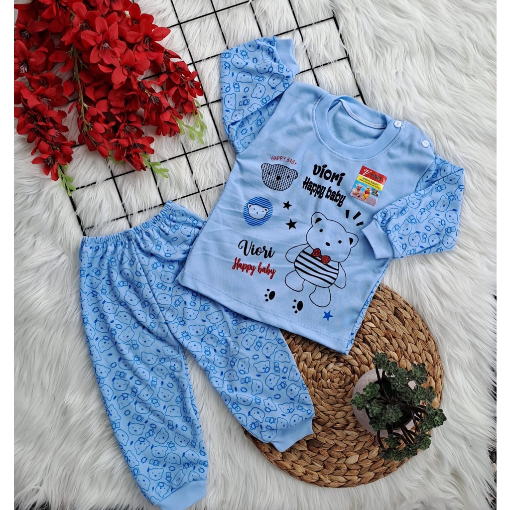 stelan baju bayi laki laki perempuan lucu murah motif HAPPY BEAR DASAR WARNA PANJANG 3-18 bulan