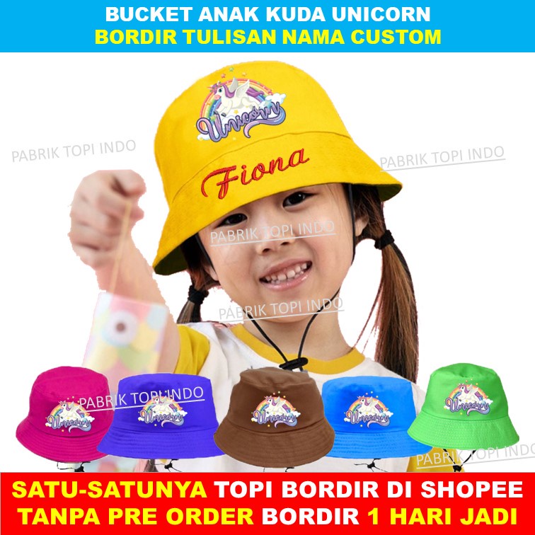 Bucket Anak Unicorn Topi Anak Kuda Tanduk Custom Bordir Nama Umur 1 - 7 Tahun