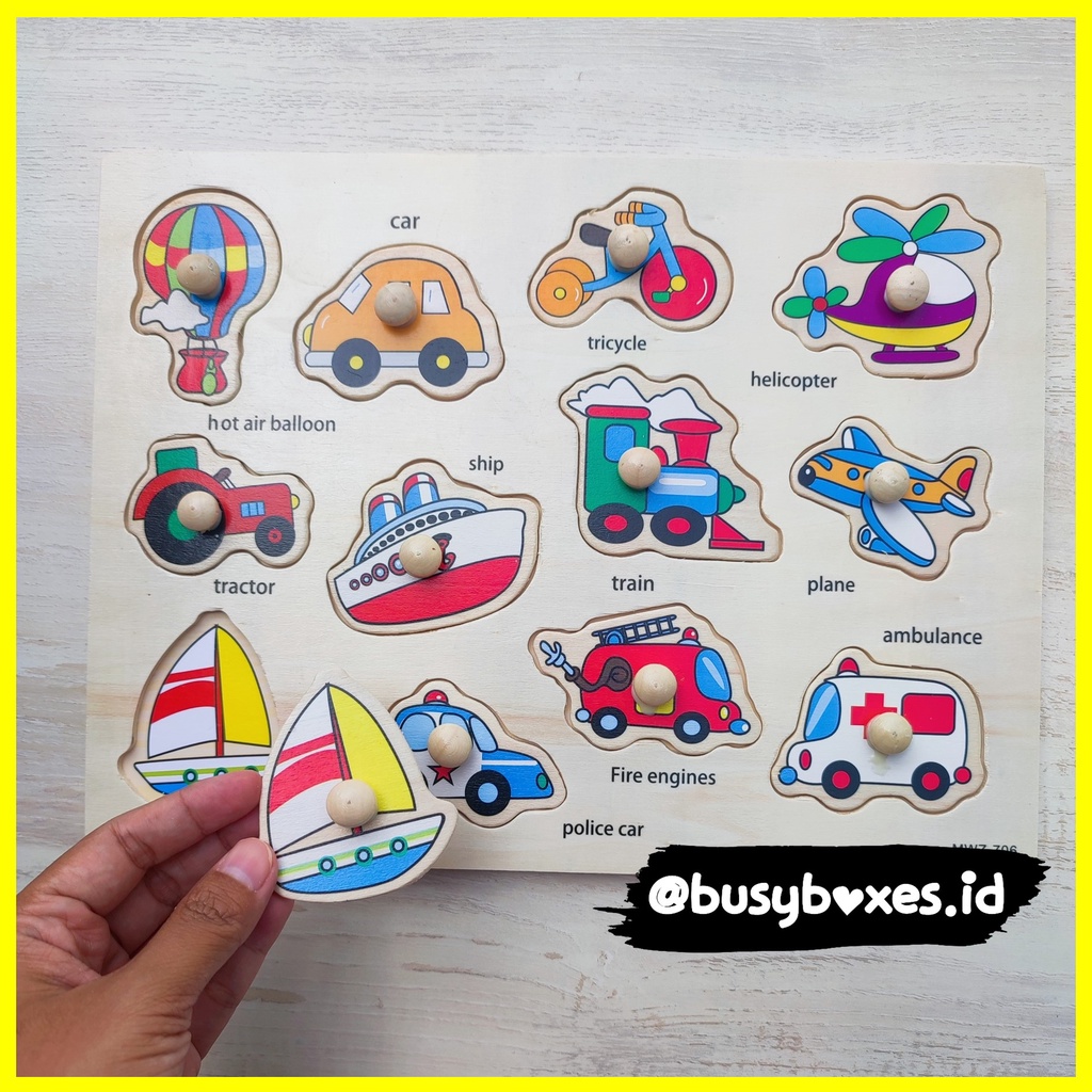 Busyboxes.id Mainan anak puzzle edukasi anak 1 2 3 tahun laki laki perempuan mainan edukasi Montessori puzzle jigsaw 3d kayu hewan binatang seri -  transportasi kendaraan mobil