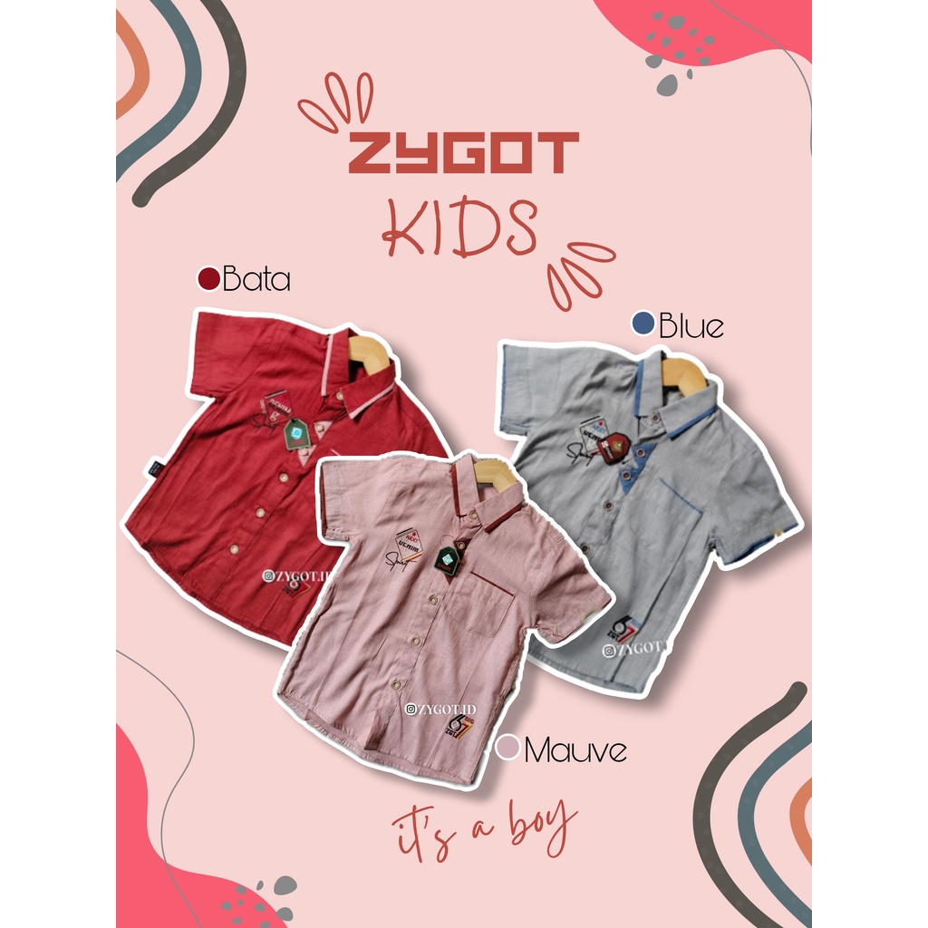 Kemeja Anak Laki-laki Polos Motif Bordir Segitiga Lengan Pendek Bahan Cotton By Zygot