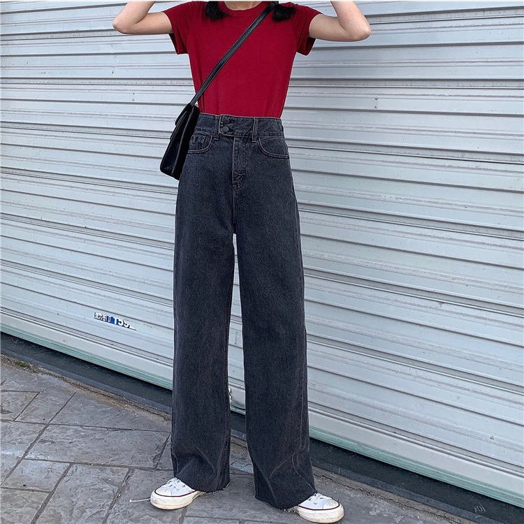 【Bayar di tempat】Celana lebar kaki longgar wanita Korea/Celana jeans wanita high waist celana panjang retro fashion Korea style loose jins