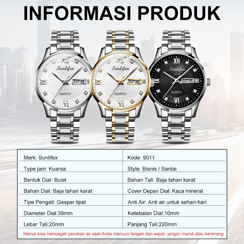 Sunlifex Jam Tangan Pria Original Kuarsa Tali Stainless Steel Calendar Mewah Mode Pria Jam Tangan Cowok Anti Air-5