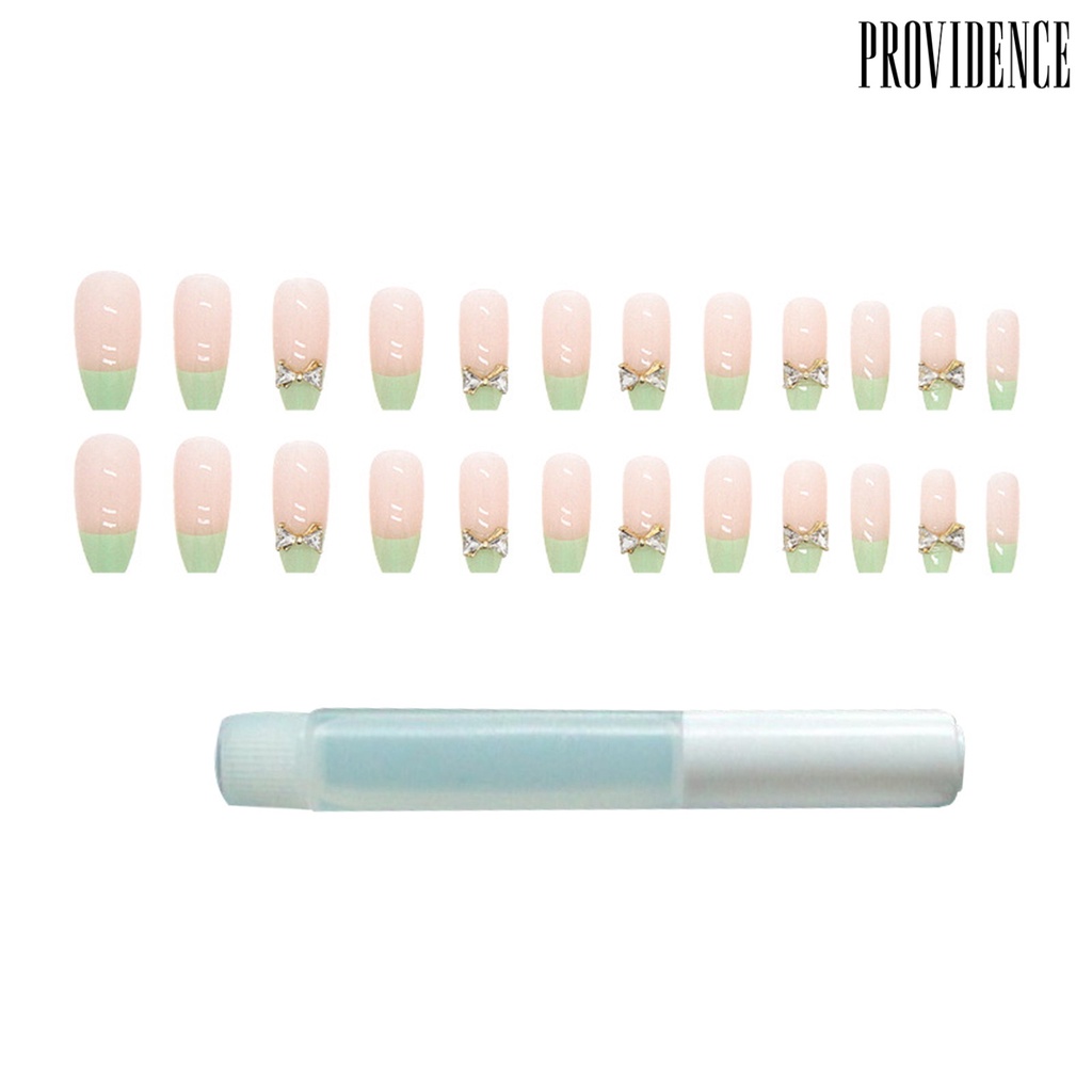 Providence 1set Balet Kuku Palsu Mempesona Efek Visual Mudah Dilepas Penuh Penutup DIY Gaya Panjang Stick on Green Ikatan Simpul Manicure Tips Nail Salon Supply