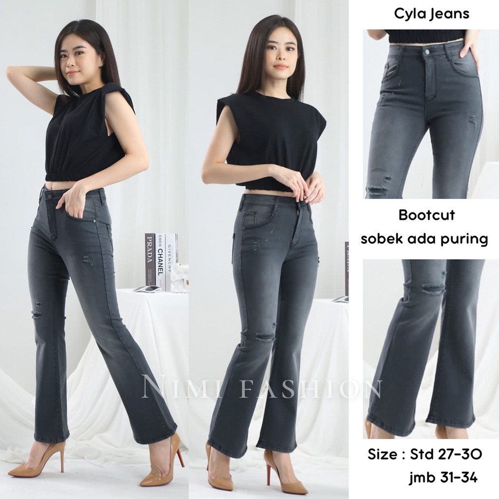 NIMI - Cyla Bootcut Celana Jeans Wanita Cutbray Highwaist Soft Jeans Stretch