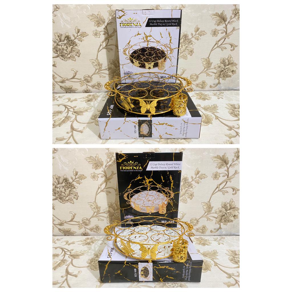 Rak Minum Aqua 12 Lubang Stainless Gold Bulat Dengan Alas Keramik Motif Abstrak Fiorenza Warna Putih