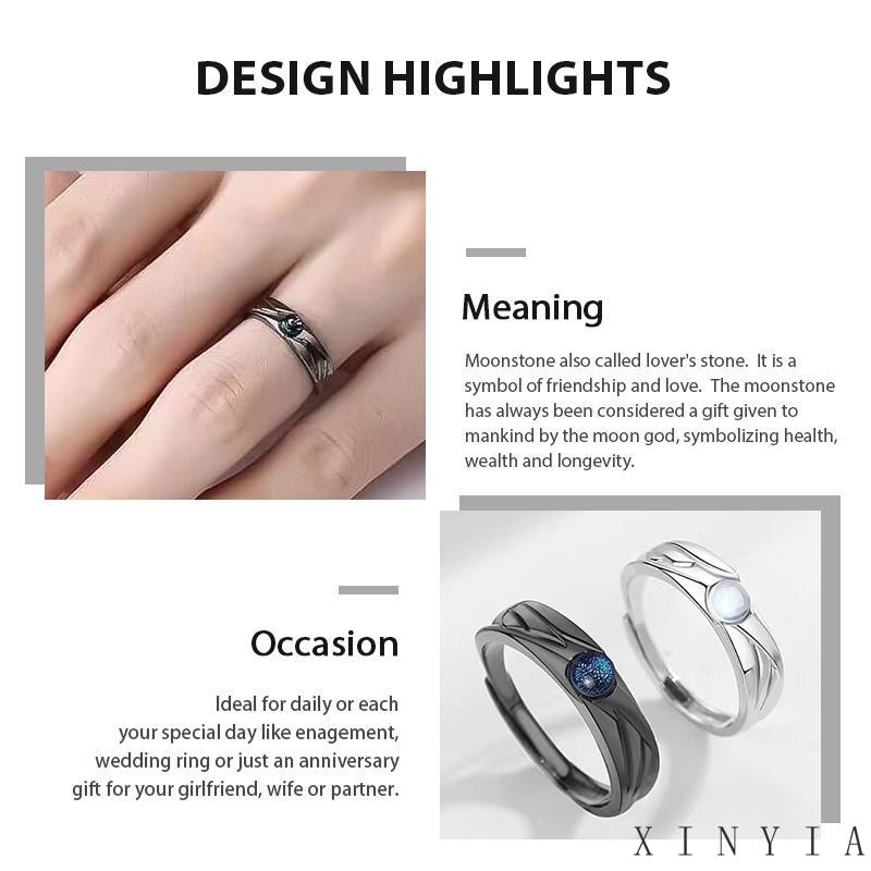 【Bayar di tempat】Cincin Metal Cincin Hitam Putih Moon Shaped Sintetis Moonstone Cincin Fashion Pasangan Yang Dapat Disesuaikan