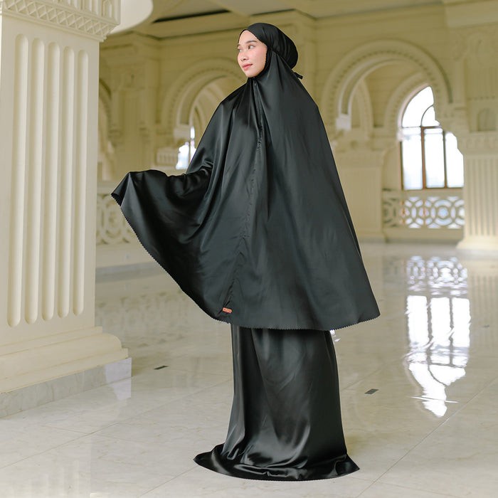 {FamilyStore} Lozy Hijab - Mecca Prayer Set with New Pouch Mukena Satin Lasercut - Black Limited