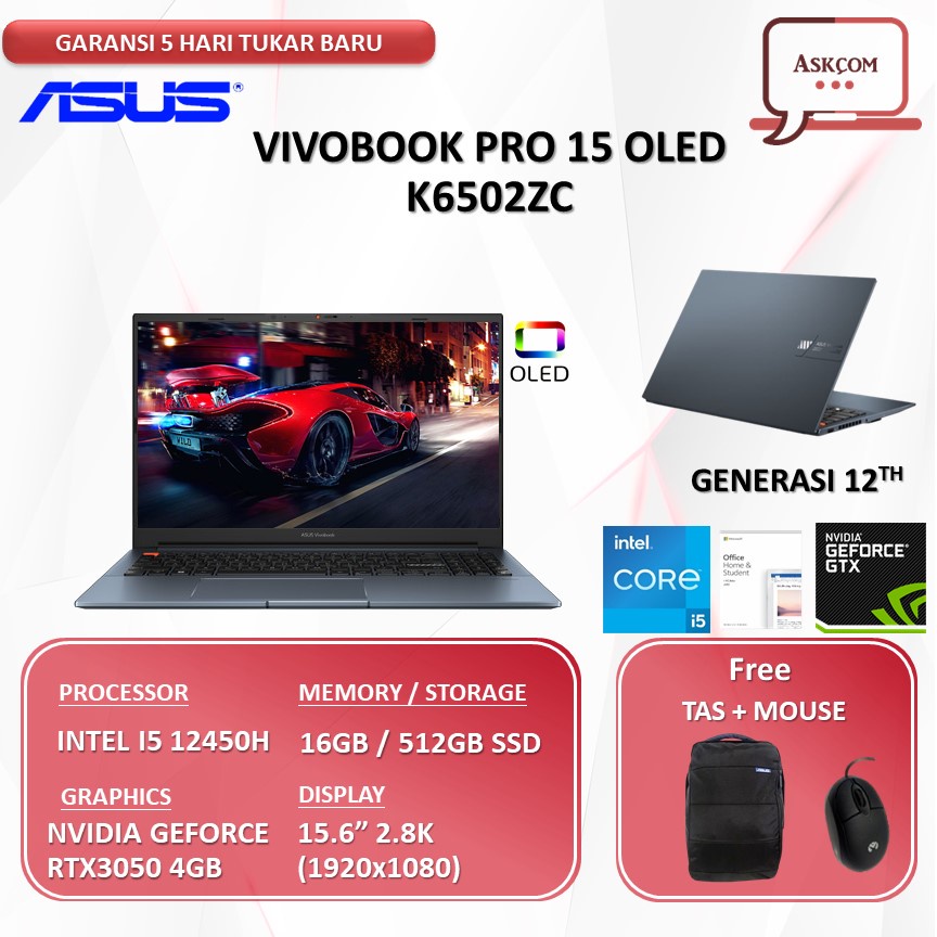 Laptop Asus VivoBook Pro 15 Oled K6502ZC OLEDS551 RTX3050 4GB I5 12450H RAM 16GB 512GB SSD OHS 15.6 2.8K W11