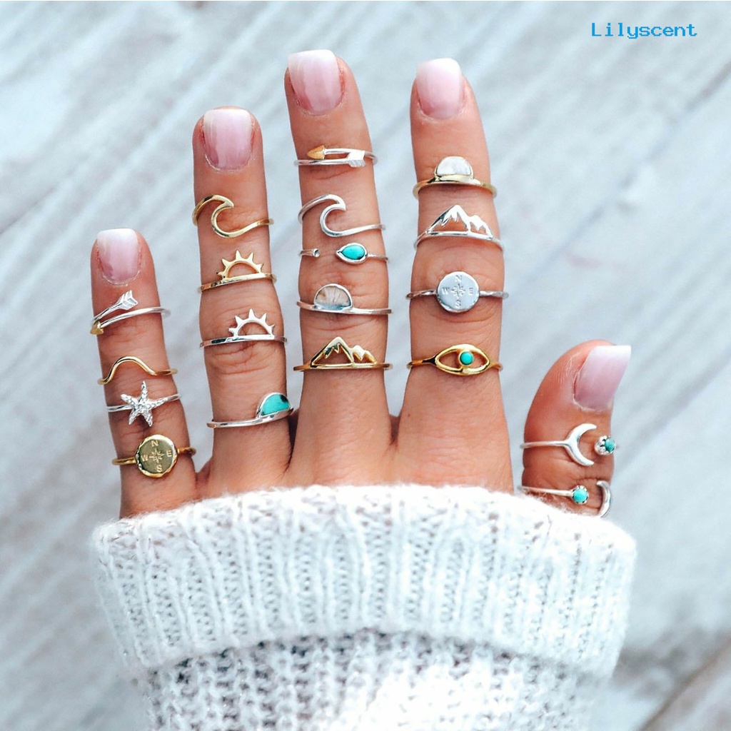 [LS]19Pcs Gelombang Pembukaan Adjustable Boho Cincin Boho Gaya Etnik Turquoise Finger Rings Perhiasan Aksesori