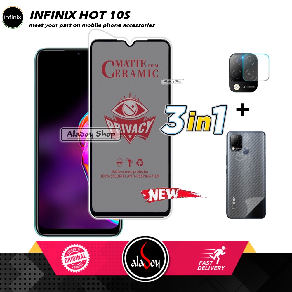 Tempered Glass Anti SPY Infinix Hot 10S Anti Gores Privacy + Tempered Glass kamera dan Skin Carbon