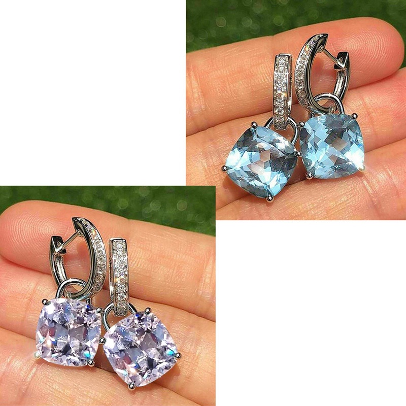 Fancyqube New Arrival Menjuntai Anting-Anting Wanita Bantal Potong Biru Cubic Zirconia Liontin Sederhana Bergaya Gadis Anting-Anting Pernyataan Perhiasan