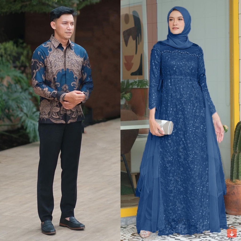 [COUPLE SPESIAL BAJU LEBARAN] COUPLE GAMIS MELLA NEW DRESS TULLE MUTIARA - GAMIS COUPLE KEKINIAN - DRESS KONDANGAN TERBARU - COUPLE GAMIS MUSLIM KOMBINASI BROKAT