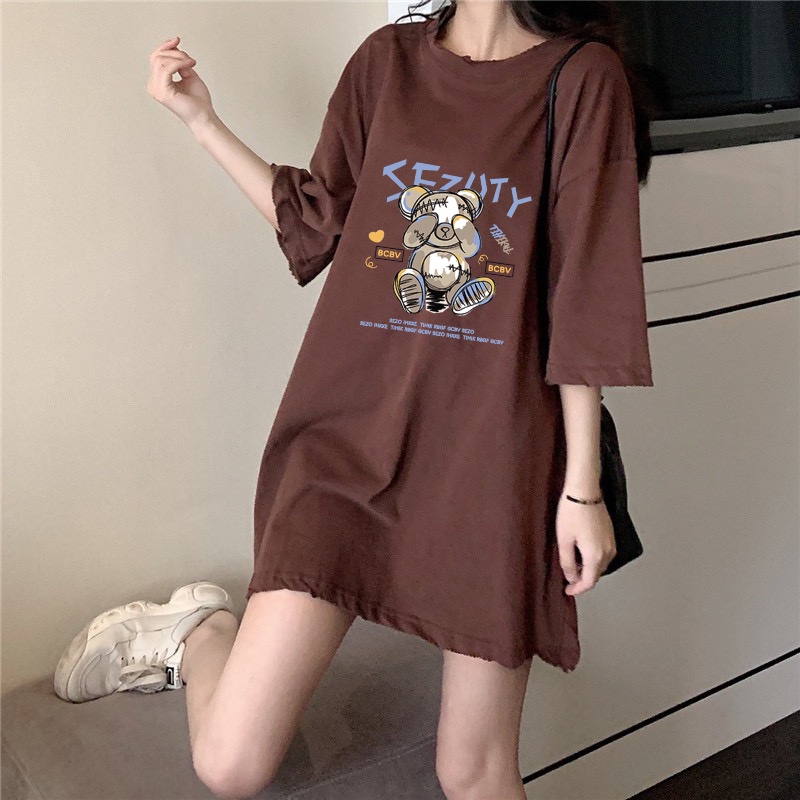 4 warna 100% Katun Graphic Tee Baju Wanita Cartoon Bear Atasan Wanita Oversize Kaos Putih T-shirt Couple Korean Style