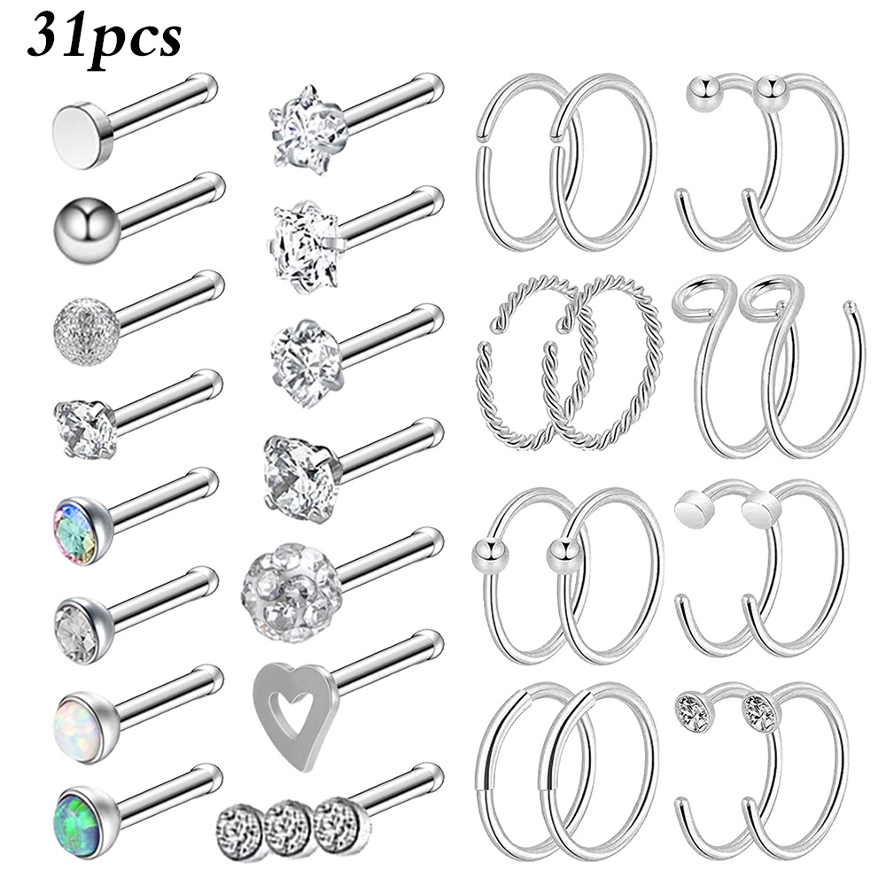 31-44 Pcs/lot Stainless Steel Nose Studs Set Zirkon Hidung Stud Tindik Hidung Jantung Pola Bulan Bintang Hidung Tindik