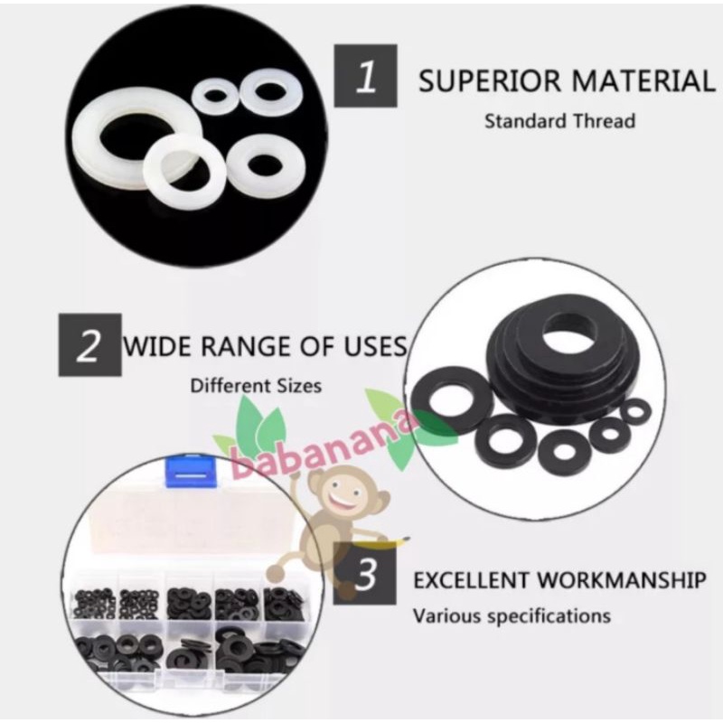 210pcs flat washer nylon ring cincin rata gelang plastik putih kit set