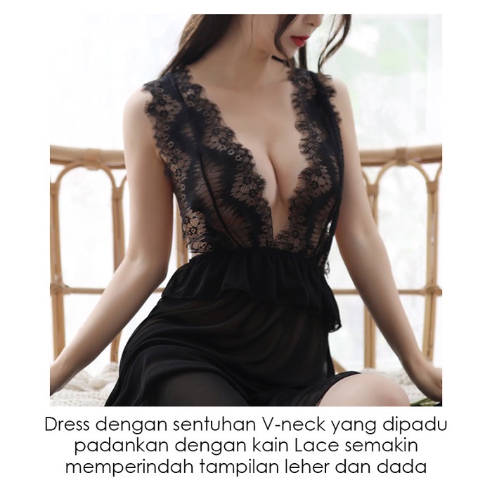 CJSW-A103BL TINO TINO Set Lingerie Wanita Babydoll Deep V-Neck Tanpa Lengan Sexy Aksen Renda + G-String