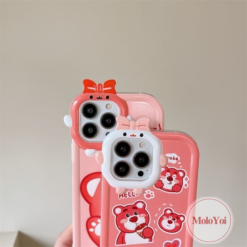 Case Kompatibel Untuk iPhone 6s 6 8 7 Plus 11 Pro Max13 12 14 Pro Max14 Plus XR X XS Max SE 2020 3D Bow-knot Little Monster Lens Kartun Lucu Manis Strawberry Bear Manyo Soft Cover