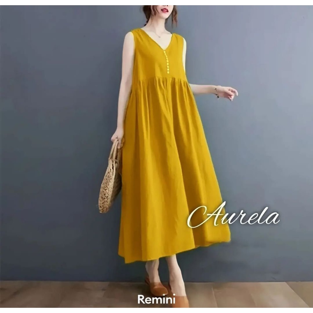 Aurela Midi Dress Kekinian Bahan Cringkle Busui Friendly LD 110 Motif Polos / Baju Tidur  Cewek Terlaris / Pakaian Santai Wanita / Piyama Cantik / Fashion Vintage / Outfit Ootd