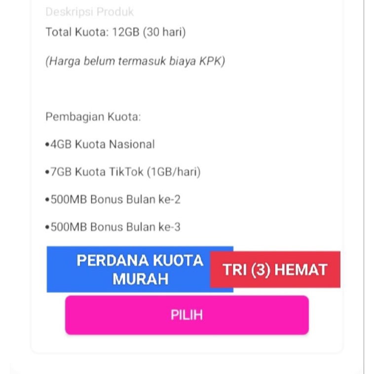 Perdana Kuota SP Tri(3) 12 GB Kuota 24 Jam