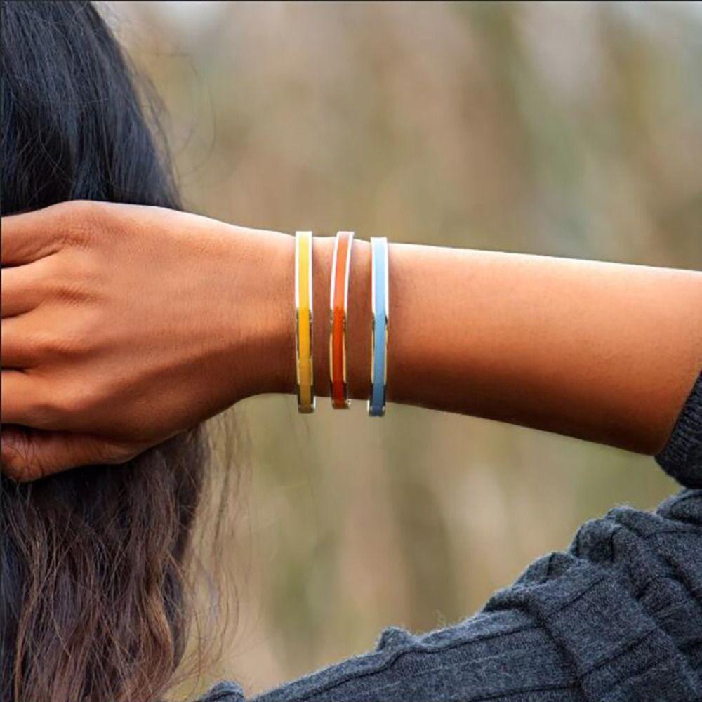 Mxbeauty Manset Gelang Kreatif Unik Wanita Hadiah Desain Minoritas Stainless Steel Dekorasi Warna-Warni Enamel Bangle
