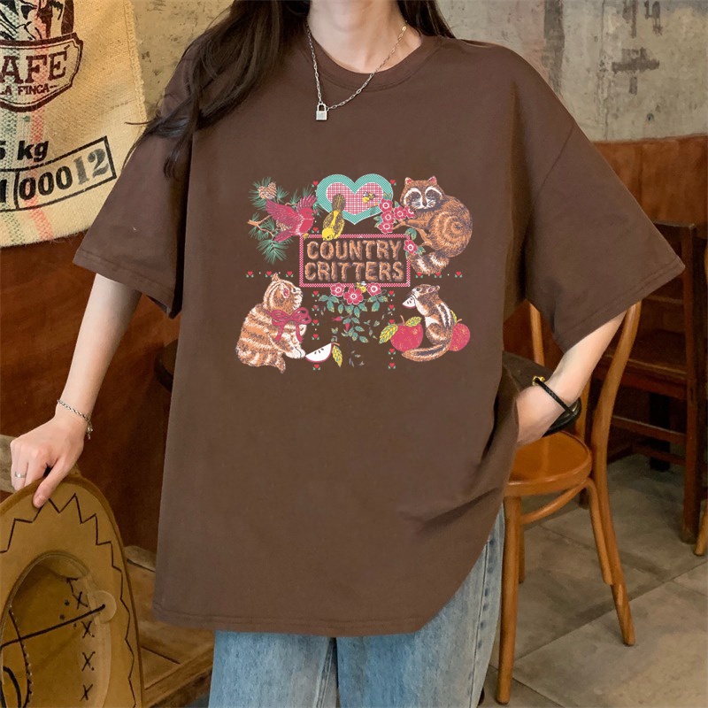 Vintage Kaos Lengan Pendek Cream Atasan Wanita Oversize Printed T-shirt Kekinian Korean Style/baju kaos oversize wanita